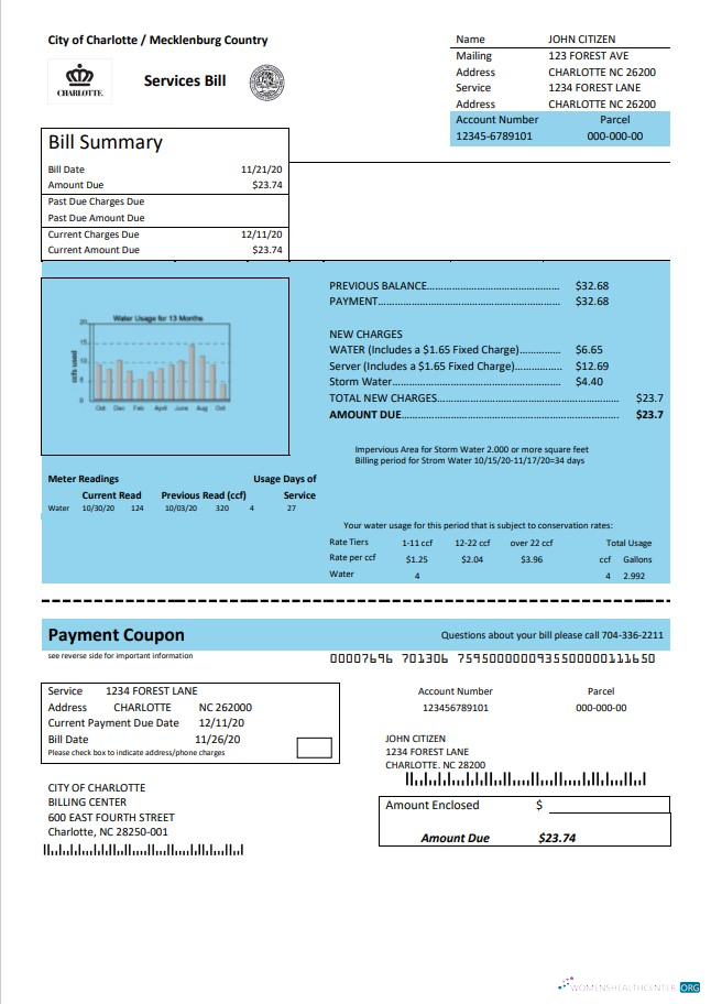 download USA North Carolina City of Charlotte water utility bill template in Word and PDF format PDF template